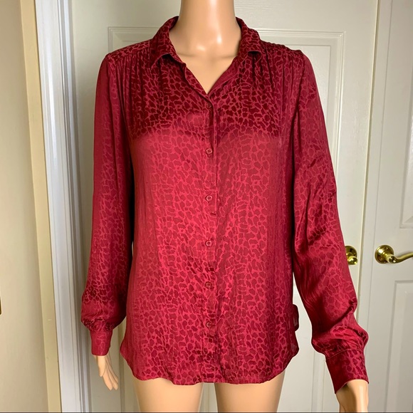 H&M Silky L/S Button Up Red Animal Print Top Sz 6